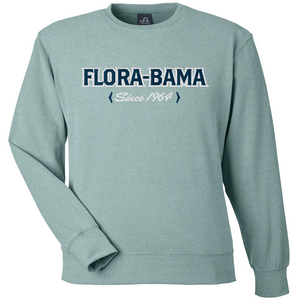 green sweatshirt with blue flora bama text across the front
