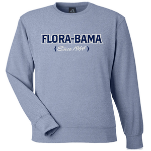 blue sweatshirt with blue flora bama text across the front