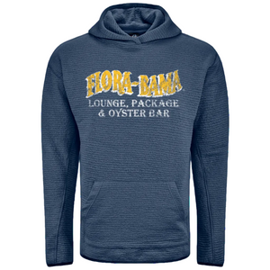 blue hoodie with yellow flora bama logo on the front