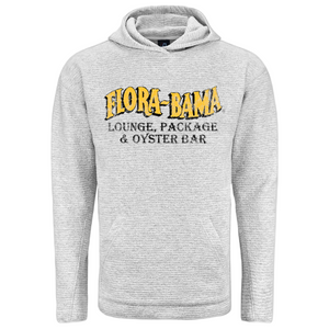 gray hoodie with yellow flora bama logo on the front