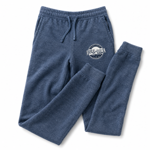 Blue sweatpants with a logo on a white background