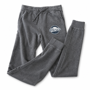 Gray sweatpants with a logo on a white background