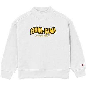A white long-sleeve crewneck sweatshirt featuring a yellow and black 'FLORA-BAMA' graphic on the chest with 'PERDIDO KEY, FL' printed below in yellow, and a small red logo on the left sleeve cuff.