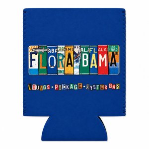 Blue can koozie with 'FLORALABAMA' design on license plates