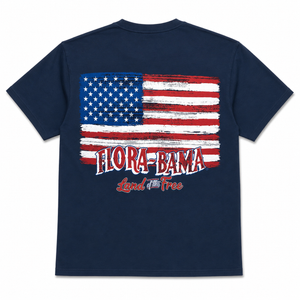 Navy blue t-shirt with American flag and 'Flora-Bama' logo in red