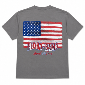 Gray t-shirt with American flag and 'Flora-Bama' logo on the back