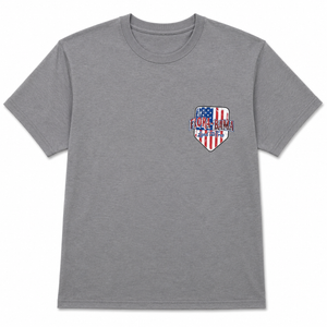 Gray t-shirt with a shield-shaped logo featuring an American flag design on a white background