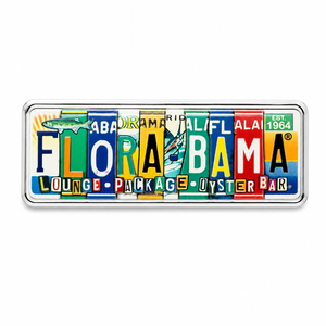 magnet lapel pin with flora bama spelled out in license plates