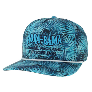 blue palm patterned cap with blue flora bama logo and black text on a front