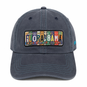 denim hat with flora bama in license plates