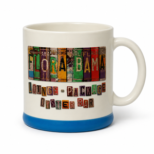 white mug with license plates spelling flora bama