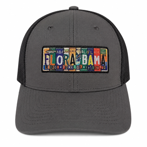 Gray cap with 'FLORALBAMA' license plate art patch on a white backgroun
