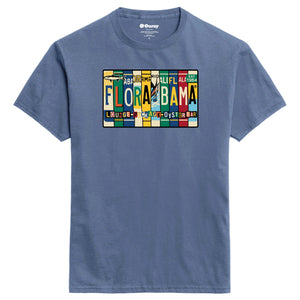 blue t-shirt with a colorful 'Flora-Bama' license plate design on a the front