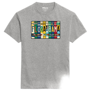 gray t-shirt with a colorful 'Flora-Bama' license plate design on a the front
