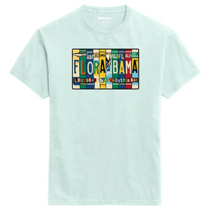 light green t-shirt with a colorful 'Flora-Bama' license plate design on a the front