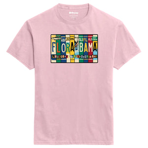 pink t-shirt with a colorful 'Flora-Bama' license plate design on a the front