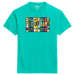 teal t-shirt with a colorful 'Flora-Bama' license plate design on a the front