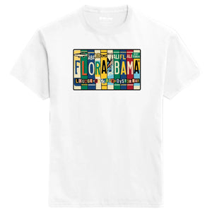 White t-shirt with a colorful 'Flora-Bama' license plate design on a white background