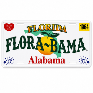 White license plate with flora bama in the center