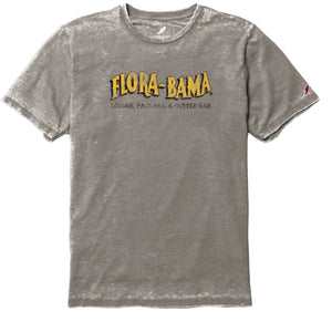 light gray tshirt with yellow flora bama logo across the front