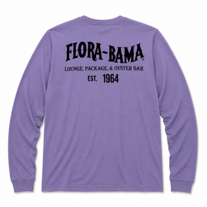 Purple long-sleeve shirt with 'Flora-Bama' logo on the back against a white background