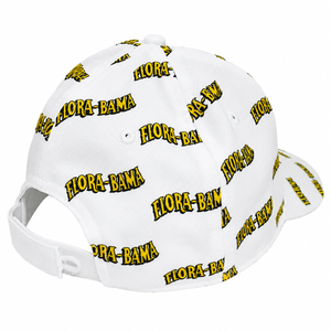 White cap with 'Flora-Bama' logo pattern
