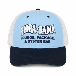 light blue trucker hat with white flora bama logo