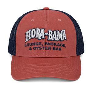 maroon trucker hat with white flora bama logo