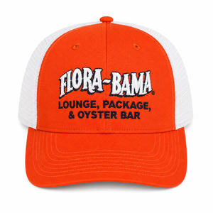 red trucker hat with white flora bama logo