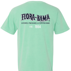 Mint green t-shirt with navy 'Flora-Bama' logo on the back