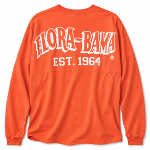 Orange long-sleeve shirt with 'Flora-Bama' logo on the back against a white background