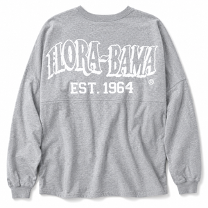 Gray sweatshirt with 'Flora-Bama Est. 1964' text on a white background