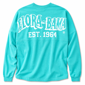 Turquoise long-sleeve shirt with 'Alora Bama' text on a white background