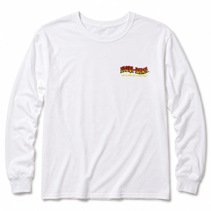 White long-sleeve shirt with a colorful logo on left chest