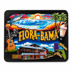 Colorful illustration of Flora-Bama bar with guitar, sunset, and building.