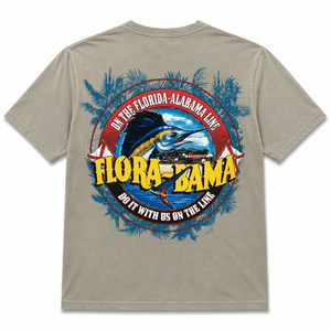 Beige t-shirt with a colorful graphic design featuring a marlin aand florabama logo