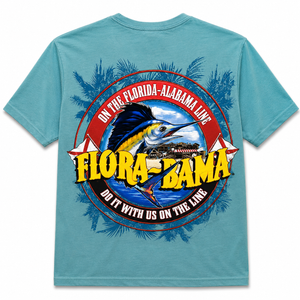 Blue t-shirt with a marlin graphic and 'Flora-Bama' logo