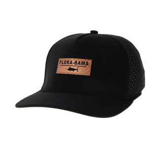 black cap with leather patch on the front with black marling and florabama