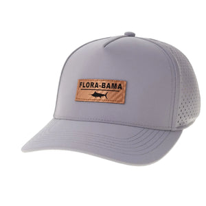 gray cap with leather patch on the front with black marling and florabama