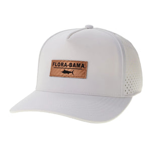 white cap with leather patch on the front with black marling and florabama
