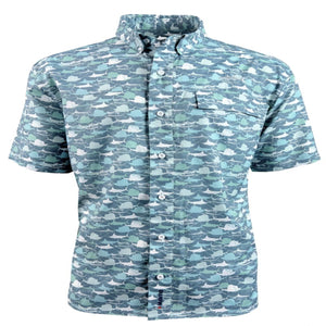blue shirt with white, teal and light blue sailfish and blue marlin fish repeating pattern on collard button up shirt