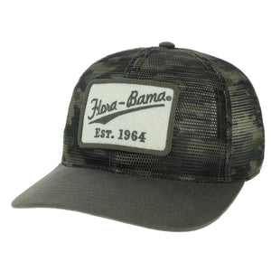 green and black cacmo mesh cap with red pat on front with green flora bama text