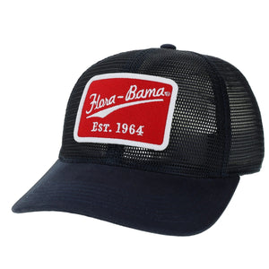 black mesh cap with red pat on front with white flora bama text