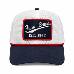 White mesh trucker hat with blue brim, blue patch on front florabama script outlined in red