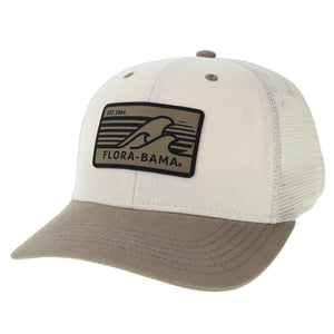 cream hat with gray brown bill and gray brown patch on the front with black waves and flora bama text