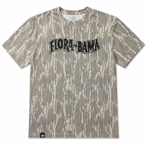 Camouflage-patterned t-shirt with 'Flora-Bama' logo in black