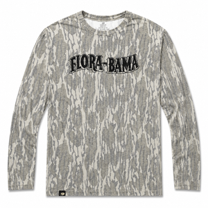 Camouflage-patterned long-sleeve shirt with 'black Flora-Bama' logo
