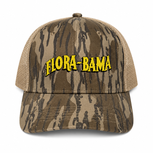 Camouflage cap with 'Flora-Bama' logo in yellow