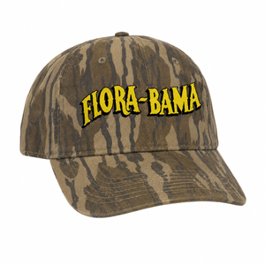 Camouflage baseball cap with 'Flora-Bama' logo in yellow