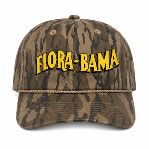 Camouflage cap with yellow 'Flora-Bama' text 
